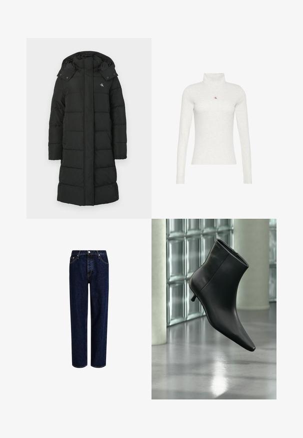 Schwarze Daunenjacke mit Kapuze, die ein gestepptes Design, einen Frontreißverschluss und ein Logo auf der linken Brust aufweist. Glattes, isoliertes Material.; Hellgraues Langarm-Rollkragenhemd mit kleinem rot-schwarzem "ck"-Logo mittig auf der Brust.; Dunkelblaue Denim-Jeans mit geradem Bein, hoher Taille, fünf Taschen und kontrastierenden Nähten. Ohne Verzierungen.; Schwarzer Leder-Stiefelette mit spitzer Zehenpartie und niedrigem Kitten-Heel, schräg dargestellt vor einem polierten Boden und einer Glasbausteinwand.
