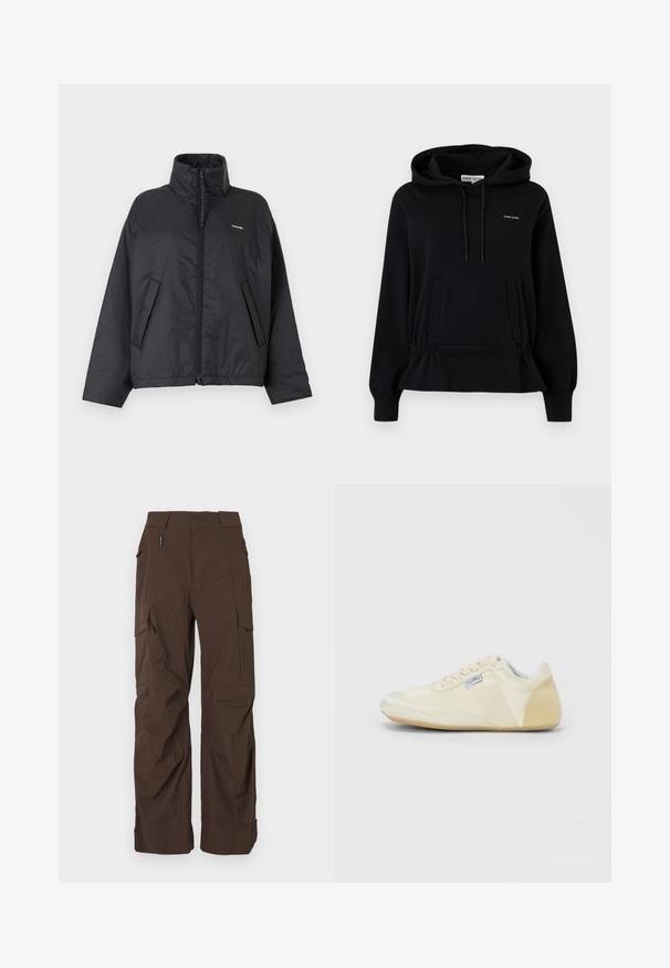 Doudoune noire zippée avec col montant, poches latérales et petit logo blanc sur le côté gauche de la poitrine sur un fond clair uni.; Sweat à capuche noir avec poches avant, capuche à cordon, taille froncée et petit logo blanc « Stine Goya » sur la poitrine.; Pantalons cargo marron à coupe droite, fabriqués en tissu durable. Comprend plusieurs poches et un design de taille sécurisée.; Baskets basses blanc cassé avec talon en daim, lacets et une petite étiquette en tissu sur le côté, présentées de profil sur un fond uni.