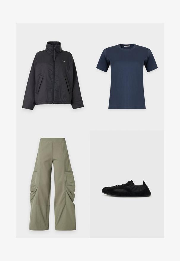Doudoune noire zippée avec col montant, poches latérales et petit logo blanc sur le côté gauche de la poitrine sur un fond clair uni.; T-shirt bleu marine uni à manches courtes et col rond, présenté sur fond blanc.; Pantalon cargo vert olive, doté d'une taille élastique, d'une coupe large et de plusieurs poches latérales avec des détails en tissu froncé.; Baskets légères noires avec accents en daim, cheville élastiquée et semelle fine, présentées en profil latéral sur un fond uni.