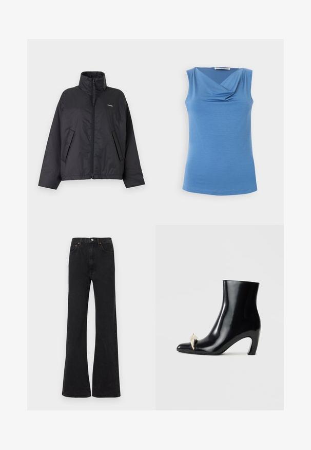 Doudoune noire zippée avec col montant, poches latérales et petit logo blanc sur le côté gauche de la poitrine sur un fond clair uni.; Haut sans manches bleu clair avec un col bénitier drapé, une silhouette ajustée et un tissu lisse de Tiger of Sweden.; Jean noir évasé à taille haute, en denim. Comprend cinq poches et des accents de coutures orange. Texture lisse avec une coupe classique.; Bottine noire en cuir brillant, avec un bout pointu et un accent décoratif en or et argent à l'avant. Design à talon carré.