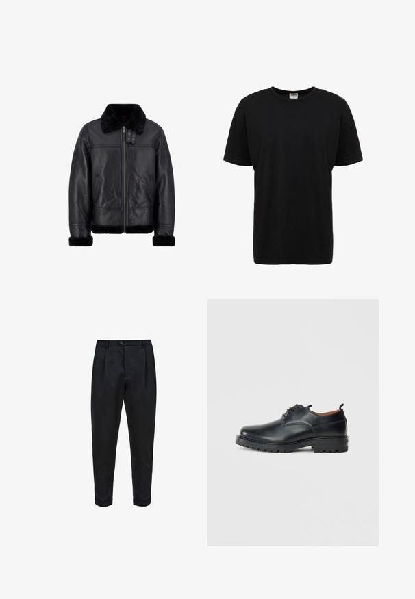 Veste en cuir noir avec un col et des poignets en fausse fourrure noire douce. Dotée d'une fermeture éclair à l'avant, de poches avant et d'un design structuré.; T-shirt en coton noir à col rond avec des manches courtes, coupe standard, texture lisse, et sans motifs ni accents visibles.; Pantalons noirs en tissu lisse, avec un devant plissé, une coupe fuselée et des ourlets roulés. Fermeture par bouton simple à la taille.; Chaussures derby en cuir noir avec une texture lisse, bout rond, design à lacets et une semelle en caoutchouc épaisse et robuste.