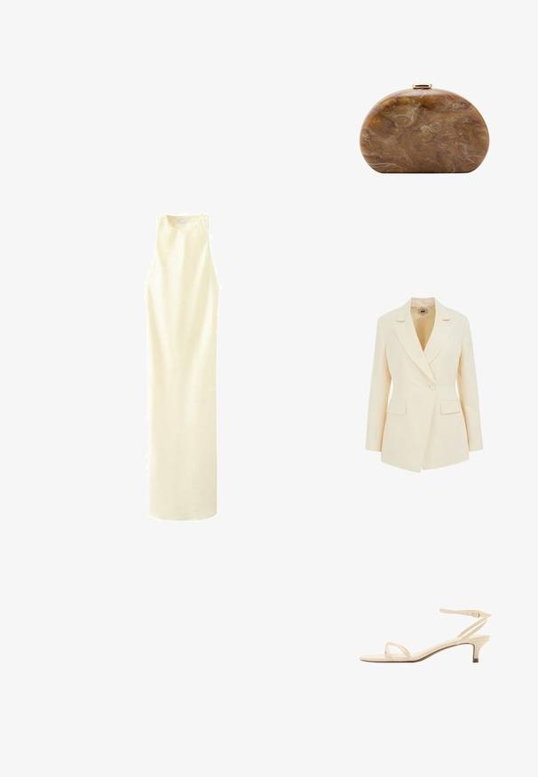 Beige op maat gemaakte blazer met een reverskraag, enkele knoopsluiting en twee voorzakken. Soepele textuur met gestructureerd silhouet.; Mouwloze lange crèmekleurige jurk met een hoge halslijn, rechte pasvorm en een gladde stofstructuur.; Beige sandalet met lage hak, dunne bandjes, open teen en enkelriempje met gesp op witte achtergrond.; Bruine marmeren ovale clutch met goudkleurige sluiting bovenaan tegen een witte achtergrond.