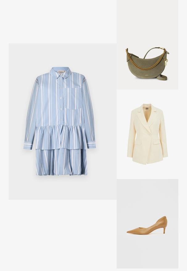 Blazer beige sur mesure avec un col à revers, fermeture à un bouton et deux poches avant. Texture lisse avec une silhouette structurée.; Robe chemise bleu clair à rayures verticales blanches, avec un bas volanté, des manches longues et une poche à rabat sur le côté gauche.; Escarpin en cuir marron à bout pointu avec un petit talon, présentant un design ajouré sur le côté pour plus de détails et une texture lisse.; Sac à main demi-lune en daim vert olive avec détail chaîne dorée, fermeture éclair dorée et petit charme cadenas doré sur fond uni.