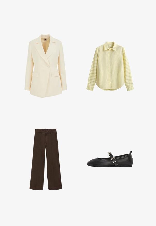 Beige skræddersyet blazer med slagkrave, enkelt knaplukning og to forlommer. Glat tekstur med struktureret silhuet.; Lysegul langærmet skjorte med knapper og tynde lodrette navystriber samt klassisk krave, vist fladt på hvid baggrund.; Brune brede bukser lavet af bomuldsstof. Har en høj talje, lynlås foran og diskret sømdetalje fortil. Ingen synlige lommer.; Sorte lædernitter med rund tå, ankelrem og sølvspænde. Glat tekstur og minimalistisk design.