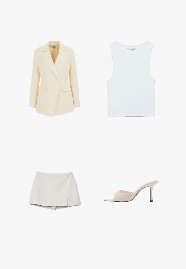 Beige skræddersyet blazer med slagkrave, enkelt knaplukning og to forlommer. Glat tekstur med struktureret silhuet.; Hvid ærmeløs crop top med rund halsudskæring, lavet af glat stof, mærket Pull&Bear, egnet til afslappet brug.; Beige skort med høj talje og en lille frontslids på højre side, ser ud som en nederdel med korte bukser under.; Beige åben-tå højhælet mule med en slank hæl og en bred rem over fronten, vist fra siden på en hvid baggrund.