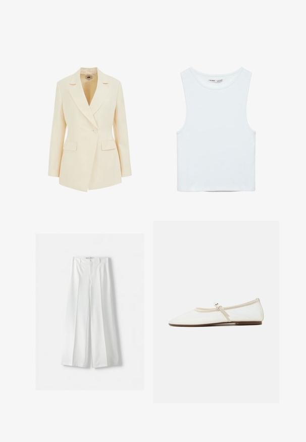 Beige op maat gemaakte blazer met een reverskraag, enkele knoopsluiting en twee voorzakken. Soepele textuur met gestructureerd silhouet.; Witte mouwloze crop top met ronde hals, gemaakt van gladde stof, met Pull&Bear-label, geschikt voor casual wear.; Witte wijde pantalons met een hoge taille, middenvouw en klassieke knoopsluiting. Gemaakt van een soepele stof met een verfijnd ontwerp.; Witte Mary Jane platte schoen met puntige neus, dun verstelbaar bandje met zilveren gesp en bruine zool op een witte achtergrond.