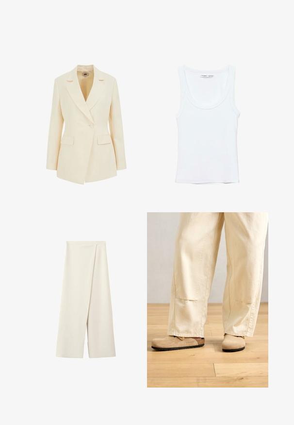 Beige skræddersyet blazer med slagkrave, enkelt knaplukning og to forlommer. Glat tekstur med struktureret silhuet.; Hvid, ærmeløs top med rund halsudskæring, lavet af blødt stof. Mærkat indeni kraven viser mærke og størrelsesoplysninger.; Kremfarvede bukser med vide ben, høj talje og et fremad overlapningspanel.; Beige vidde bukser iført med tan ruskinds Birkenstock klipklapper på et lyst trægulv.