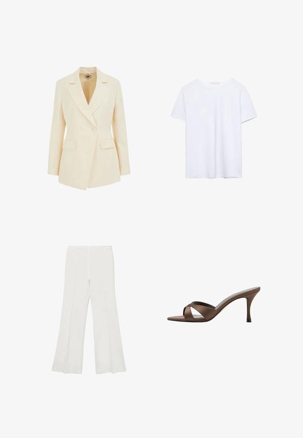Beige skræddersyet blazer med slagkrave, enkelt knaplukning og to forlommer. Glat tekstur med struktureret silhuet.; Simpel hvid kortærmet t-shirt med rund hals og lige kant, præsenteret på en hvid baggrund.; Hvide flagrende bukser med en glat tekstur og rene linjer, udstyret med en mellemhøj talje og uden synligt hardware eller mønstre.; Brun åben tå mule med krydsede remme og en slank høj hæl, vist på en hvid baggrund.