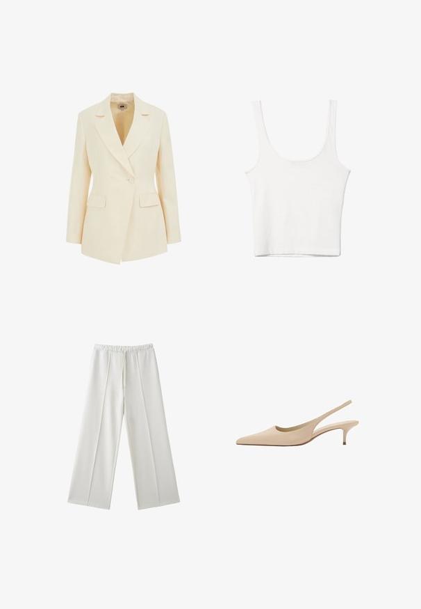 Beige skræddersyet blazer med slagkrave, enkelt knaplukning og to forlommer. Glat tekstur med struktureret silhuet.; Hvid bomulds tanktop med en rundet halsudskæring, uden ærmer og en tætsiddende pasform. Glat tekstur, ensartet design og minimale syninger.; Hvide bukser med brede ben, elastisk talje og snøre, med sømdetaljer ned foran på hvert ben.; Beige læder slingback pumpe med spids tå, lav kitten hæl og glat finish.