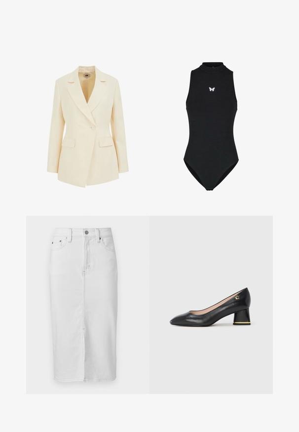 Blazer beige sur mesure avec un col à revers, fermeture à un bouton et deux poches avant. Texture lisse avec une silhouette structurée.; Maillot de bain noir à col haut avec un corsage ajusté et un emblème de papillon brodé sur le devant. Tissu lisse et design minimaliste.; Jupe en jean blanche longueur genou avec couture avant, passants de ceinture, bouton et deux poches avant.; Escarpin en cuir noir avec un bout pointu, un talon bloc arrondi orné d'accent doré et une texture lisse. Intérieur doublé. Design simple.