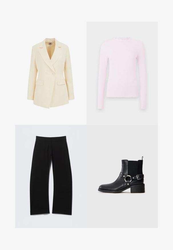 Beige skræddersyet blazer med slagkrave, enkelt knaplukning og to forlommer. Glat tekstur med struktureret silhuet.; Pink langærmet top i ribbet текстur, med en flæsekrave og et tætsiddende design med frynset kantdetalje.; Sorte bukser med vide ben og en glat tekstur, som har to forlommer og en elastisk talje for komfort.; Sort læder ankelstøvle med sidespænde og ringdetalje, elastisk sideskærm, lav blokhæl og trækstrop på neutral baggrund.