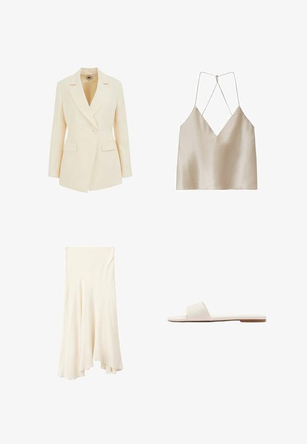 Beige op maat gemaakte blazer met een reverskraag, enkele knoopsluiting en twee voorzakken. Soepele textuur met gestructureerd silhouet.; Beige satijnen camisol met een diepe V-hals en dunne, gekruiste spaghettibandjes aan de achterkant.; Crème kleurige vloeiende midirok met een asymmetrische zoom en een zachte stofval.; Plat witte slidesandaal met brede enkelband en dunne bruine zool, zijaanzicht op witte achtergrond.
