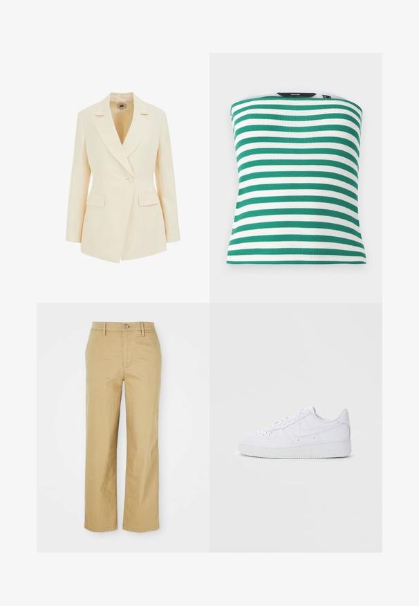 Beige skræddersyet blazer med slagkrave, enkelt knaplukning og to forlommer. Glat tekstur med struktureret silhuet.; Grøn- og hvidstribet ærmeløs top lavet af ribbet stof, der har et tætsiddende design og en lige kant. Ingen synlige hardware eller accenter.; Beige bomuldsbukser med lige ben design. Har en knaplukning, bæltestropper og frontlommer, letvægts tekstur.; Hvide Nike Air Force 1 sneakers med læderoverdel, rund tå, snørelukning, polstret krave og struktureret gummisål.