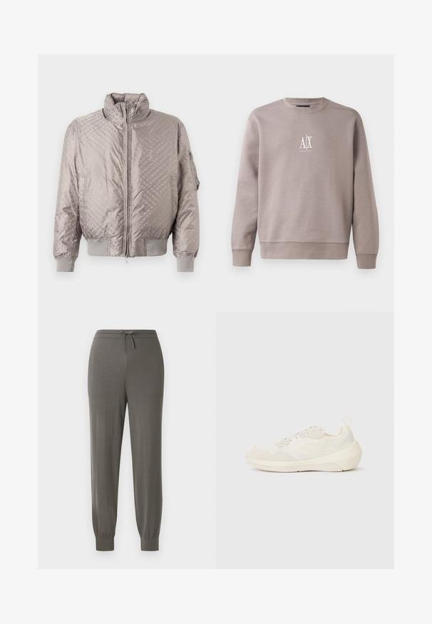 Veste bomber matelassée en nylon gris clair avec un motif logo ton sur ton, col haut, fermeture éclair frontale et poignets et ourlet côtelés.; Sweatshirt gris en tissu doux, avec un col rond, des manches longues et un petit logo blanc sur la poitrine.; Pantalons de jogging gris avec une taille à cordon, des poignets effilés, une texture de tissu douce et un design lisse et minimaliste.; Emporio Armani Baskets basses - off white