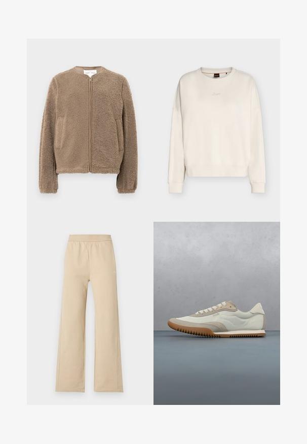 Veste en polaire marron avec un col rond, une fermeture éclair frontale et des poches latérales. Tissu texturé avec une apparence douce et confortable.; Sweat-shirt écru à col rond, manches longues, poignets et ourlet côtelés, petit logo brodé au centre de la poitrine.; Pantalon beige à jambes larges avec taille élastique et détails de couture minimalistes, présenté sur un fond clair uni.; Sneakers blancs et beiges avec une tige lisse et des accents en daim, une semelle texturée et des coutures ton sur ton. Fermeture à lacets avec détail de logo.