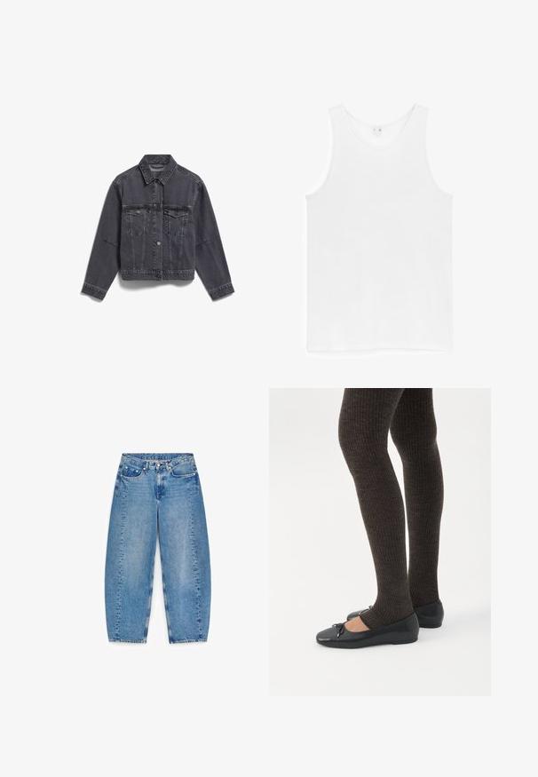 Donkergrijze denimjas met een kraag, twee borstzakken, knoopsluitingen en zichtbare stikseldetails. Lange mouwen met omgeslagen mouwen.; Effen wit mouwloos hemd met ronde hals, plat liggend tegen een witte achtergrond.; Lichtblauwe denim jeans met hoge taille, wijde pijpen en vijf zakken. Voorzien van contrasterende stiksels en een kleine metalen knoopsluiting.; Benen met donkere geribbelde leggings gecombineerd met zwarte ballerina's met kleine strikdetails op een witte achtergrond.