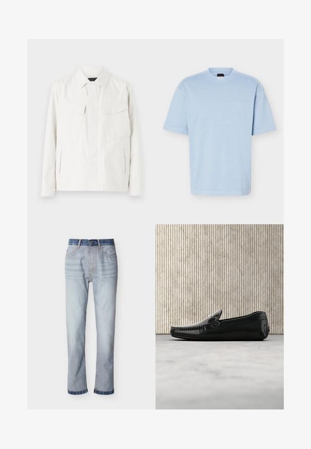 Veste légère blanche en tissu doux avec un col, deux poches plaquées à l'avant, fentes latérales et fermetures à boutons.; T-shirt à manches courtes bleu clair avec col rond, tissu doux et coupe décontractée, présentant une petite étiquette de marque noire et orange à l'intérieur du col.; Jean denim bleu clair avec une ceinture bleu foncé, coupe droite, cinq poches et détails de couture visibles.; Mocassins en cuir noir avec une finition brillante, bout rond et quincaillerie décorative à l'avant. Semelle en caoutchouc à profil bas. Texture lisse.
