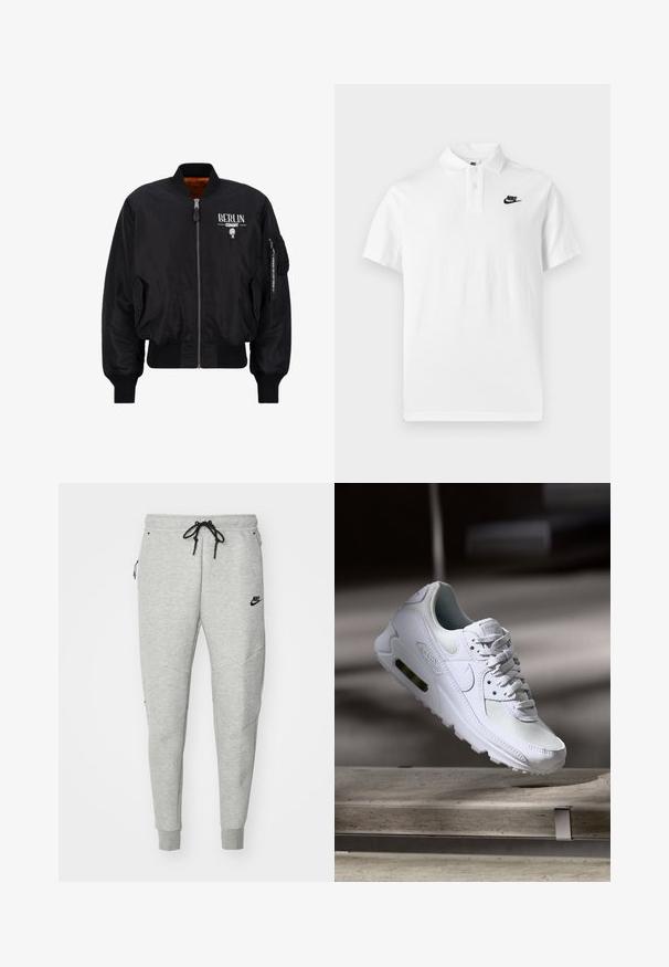 Cazadora bomber negra hecha de tejido brillante con puños y dobladillo acanalados, que presenta un cierre frontal, gráfico "BERLIN" y un bolsillo con cremallera en la manga.; Polo blanco de manga corta Nike con dos botones y logo de Nike bordado en negro en el pecho izquierdo.; Pantalones de chándal grises con una textura suave, cintura elástica, cordón ajustable negro, dos bolsillos laterales y un pequeño logotipo negro.; Zapatilla Nike Air Max 90 blanca con parte superior de malla y cuero, caja de puntera perforada y unidad de aire visible en el talón.