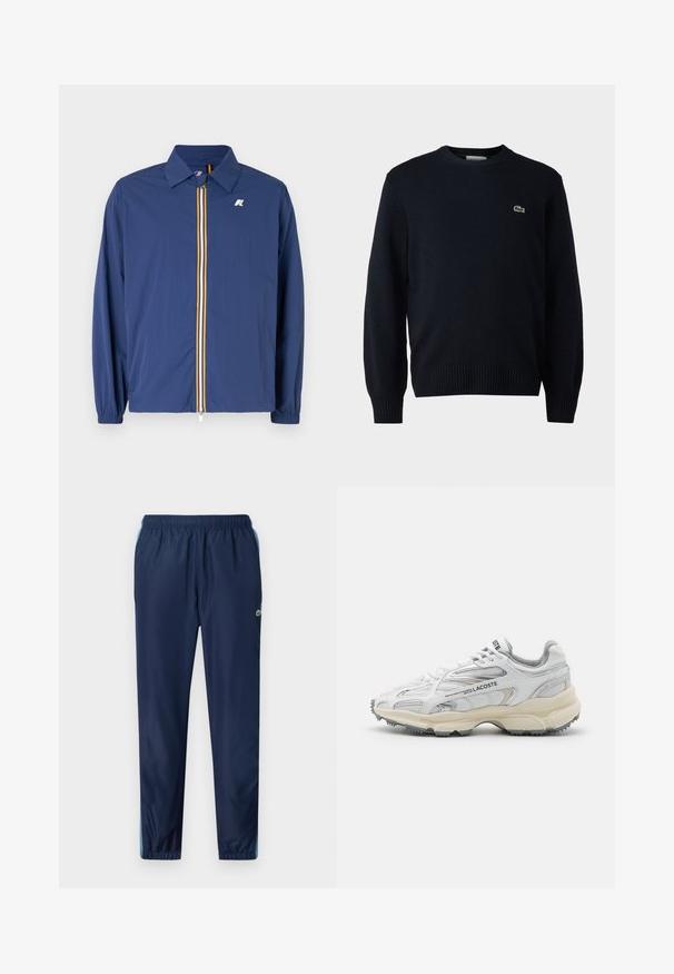 Veste légère bleu marine avec col, fermeture éclair avant, ornée de rayures multicolores et avec des poignets élastiques pour un ajustement parfait.; Pull à col rond marine en matériau doux, avec des bords côtelés aux poignets et à l'ourlet. Petit logo vert Lacoste sur la poitrine.; Pantalons de sport bleu marine avec une taille élastique, des jambes fuselées et des accents bleu clair sur les côtés ; fabriqués à partir d'un matériau léger et lisse.; Baskets de sport blanches avec des accents gris, tige en maille et synthétique, design à lacets et semelle en caoutchouc texturée avec motifs de traction.