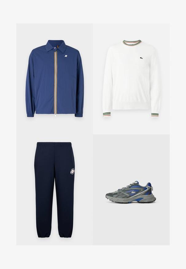 Veste légère bleu marine avec col, fermeture éclair avant, ornée de rayures multicolores et avec des poignets élastiques pour un ajustement parfait.; Pull blanc à col rond, avec des accents rayés verts, rouges et oranges sur le col et les manches. Logo Lacoste sur la poitrine.; Pantalon de survêtement bleu marine en coton doux avec des poignets et une ceinture élastiques. Arborant un logo blanc Lacoste Paris sur la jambe gauche.; Baskets de sport grises et bleues avec une semelle texturée, fermeture à lacets et petit logo de crocodile sur le côté, isolées sur fond blanc.