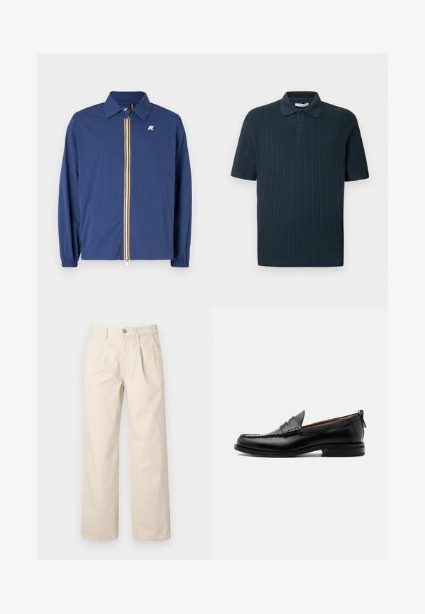 Veste légère bleu marine avec col, fermeture éclair avant, ornée de rayures multicolores et avec des poignets élastiques pour un ajustement parfait.; Polo bleu marine à manches courtes avec une texture côtelée, doté d'un col et d'une patte à trois boutons.; Pantalons larges beiges à taille haute, avec des plis avant, une fermeture à bouton sur le devant et un tissu en coton lisse.; Mocassin homme en cuir noir avec couture moc toe, bride penny, col texturé et petit talon empilé sur fond blanc.
