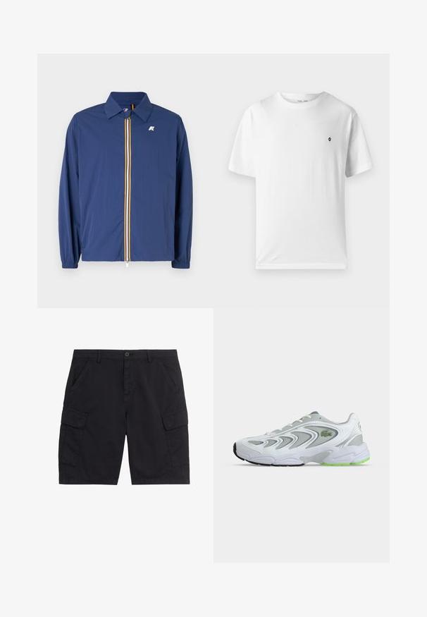 Veste légère bleu marine avec col, fermeture éclair avant, ornée de rayures multicolores et avec des poignets élastiques pour un ajustement parfait.; T-shirt en coton blanc à col rond, manches courtes, avec un petit logo noir sur la poitrine. Texture douce, coupe décontractée.; Shorts cargo noirs avec bouton et fermeture éclair à l'avant, deux poches latérales, deux poches cargo à rabat et passants pour ceinture.; Baskets de sport blanches et grises avec des touches vertes et un logo, panneaux en mesh et une semelle épaisse et rembourrée, vues de côté sur un fond uni.