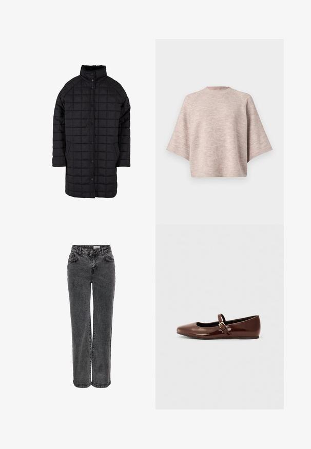 Manteau matelassé noir avec un col haut, fermeture à boutons-pression et poches avant. Le tissu a une texture lisse avec un motif en damier.; Pull en maille beige clair avec manches courtes larges et col rond haut, présenté sur un fond uni.; Jeans en denim noir au design droit, avec poches avant, passants de ceinture et une texture légèrement délavée.; Ballerine en cuir verni marron avec un bout carré et une lanière ornée d'une petite boucle dorée. Texture lisse, talon bas et design minimaliste.