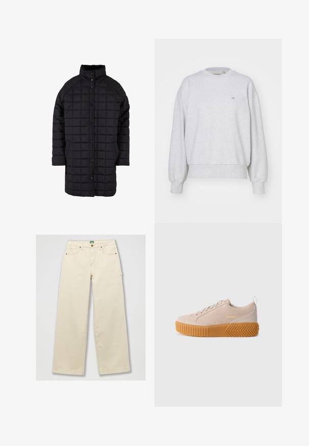 Zwarte gewatteerde jas met een hoge kraag, drukknoopsluiting en voorkruiszakken. De stof heeft een gladde textuur met een ruitpatroon.; Carhartt WIP CASEY - Sweater - ash heather/silver; Beige wijd-uitlopende jeans met een knoopsluiting, gouden stiksels, vijf zakken en een groene merketiket op de tailleband. Midden hoge taille.; Beige lage sneakers met een dikke, gestructureerde bruine rubberen zool, vetersluiting aan de voorkant, bovenkant van suede en een gouden "SOREL" logo aan de zijkant.