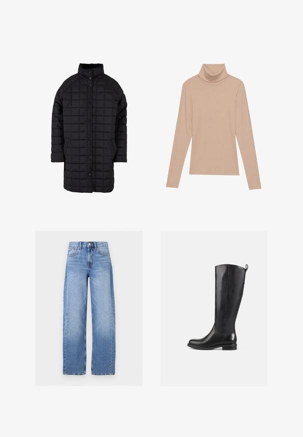 Schwarzer gesteppter Mantel mit hohem Kragen, Druckknopfverschluss und Fronttaschen. Der Stoff hat eine glatte Textur mit einem rautenförmigen Muster.; Beige Langarm-Rippstrick-Turtleneck-Oberteil mit hohem Kragen, flach auf einem hellen Hintergrund präsentiert.; Hoch taillierte, hellblaue Jeans aus Denim mit weitem Bein, vorderem Knopf und Reißverschluss, Gürtelschlaufen und Fünftaschen-Optik.; Schwarz Leder Stiefel bis zum Knie mit glatter Oberfläche, runder Spitze, tiefem Absatz und Zugschlaufe hinten. Minimalistisches Design ohne sichtbare Muster.