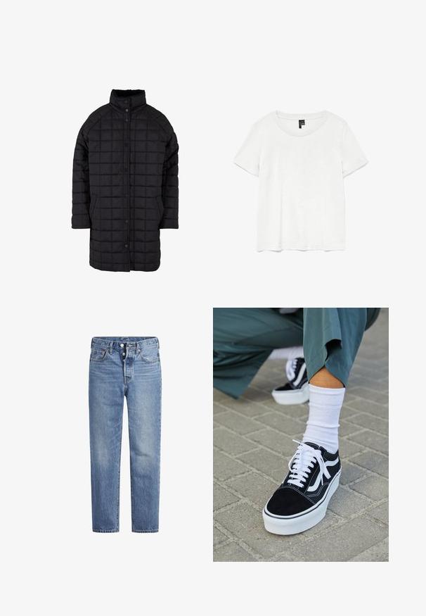 Zwarte gewatteerde jas met een hoge kraag, drukknoopsluiting en voorkruiszakken. De stof heeft een gladde textuur met een ruitpatroon.; Witte t-shirt met korte mouwen en een ronde hals, gemaakt van lichte stof. Eenvoudig ontwerp, gladde textuur en rechte zoom.; Lichtblauwe spijkerbroek met een rechte snit, vijf zakken en een knoopsluiting. Heeft subtiele vervaging en oranje stikselaccenten.; Zwarte suède sneaker met witte accenten en veters, uitgerust met een dikke witte zool en contrasterende stiksels, gecombineerd met een witte sok.