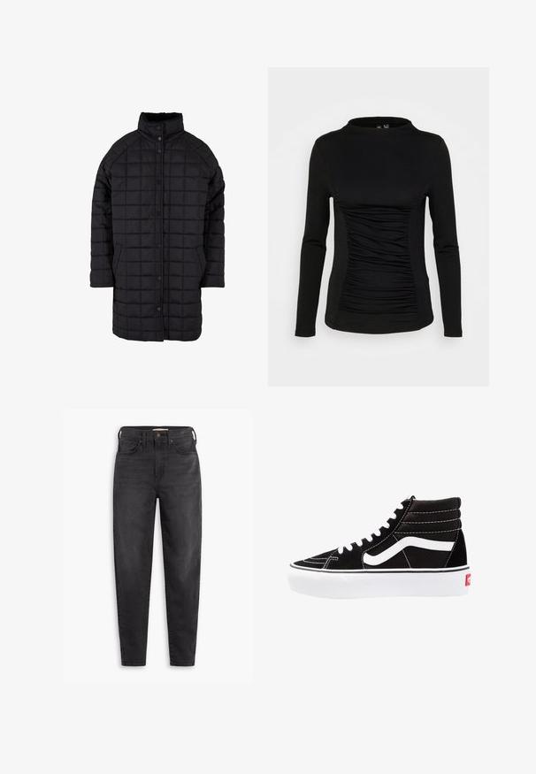 Zwarte gewatteerde jas met een hoge kraag, drukknoopsluiting en voorkruiszakken. De stof heeft een gladde textuur met een ruitpatroon.; Pieces PCMAXA MOCK NECK - Longsleeve - black; Zwarte hoog-taille slim-fit jeans met voor- en achterzakken, knoopsluiting en riemlussen, weergegeven op een witte achtergrond.; Zwarte high-top sneakers met witte veters, een wit logo en contrasterende witte stiksels. Heeft een dikke witte zool en een bovenwerk van gestructureerd suede.