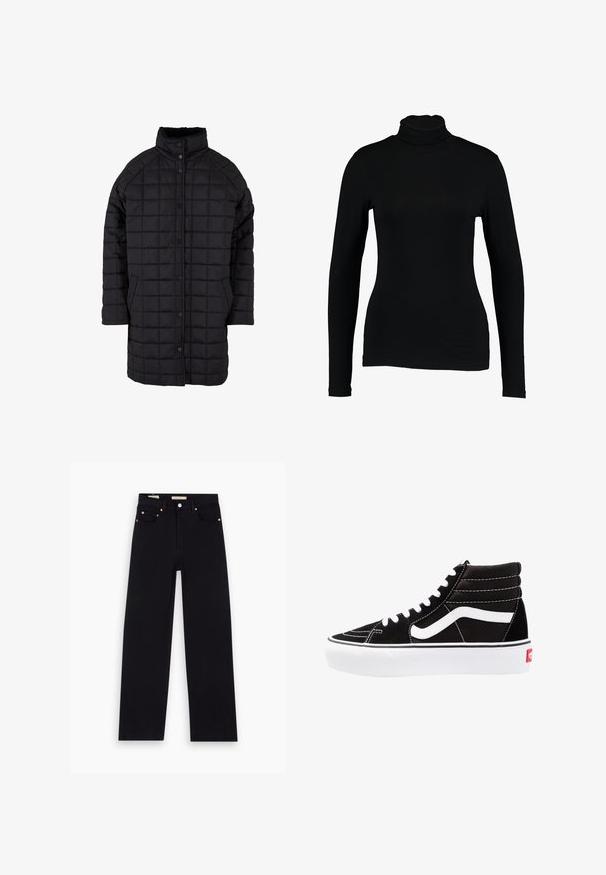 Schwarzer gesteppter Mantel mit hohem Kragen, Druckknopfverschluss und Fronttaschen. Der Stoff hat eine glatte Textur mit einem rautenförmigen Muster.; Schwarzes Langarm-Turtleneck-Top aus glattem Stoff, mit taillierter Passform und hohem Kragen, geeignet zum Layering oder als eigenständiges Kleidungsstück.; Schwarze Denim-Jeans mit geradem Schnitt, fünf Taschen, Kupferbeschlägen und einer glatten Textur. Zwei Etiketten sind am Bund sichtbar.; Schwarze High-Top-Sneaker mit weißen Schnürsenkeln, einem weißen Logo und kontrastierendem weißen Nähten. Verfügt über eine dicke weiße Sohle und ein strukturiertes Wildleder-Obermaterial.