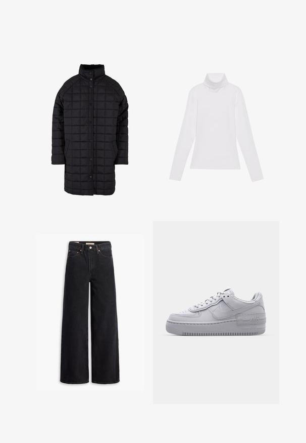 Zwarte gewatteerde jas met een hoge kraag, drukknoopsluiting en voorkruiszakken. De stof heeft een gladde textuur met een ruitpatroon.; Witte lange mouw turtleneck top gemaakt van glad, elastisch materiaal. Voorzien van een hoge kraag en een getailleerd ontwerp, zonder zichtbare patronen of versieringen.; Zwarte brede jeans gemaakt van denim, met vijf zakken, koperen klinknagels en een klassieke knoopsluiting. Glad van textuur met een strakke uitstraling.; Grijze Nike Air Force 1 sneaker met geperforeerde neus, glad leren bovenwerk, dikke zool en verhoogde 'AIR' details op de hiel.