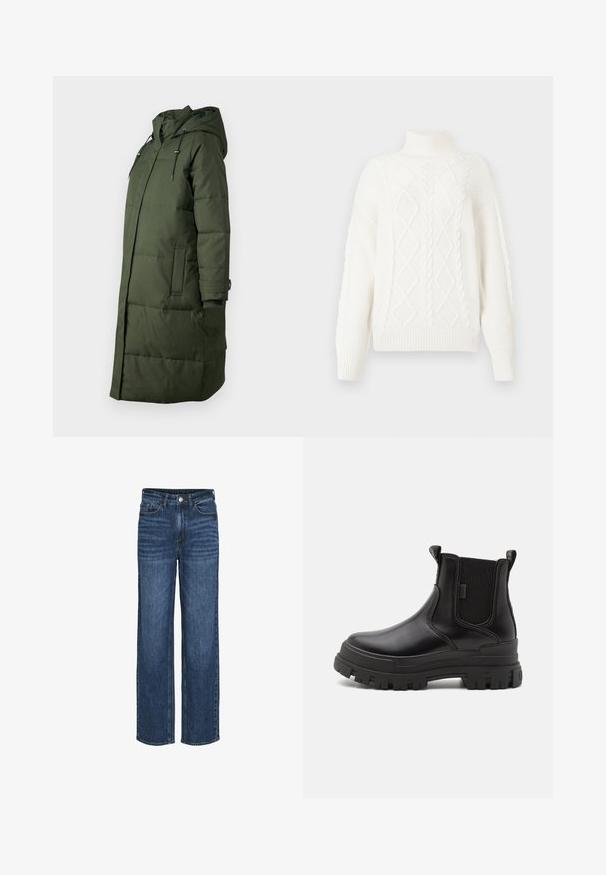 Lang, mørkegrøn pufferjakke med hætte, forlommer og elastiske manchetter, lavet af et glat og slidstærkt materiale.; Chunky hvid turtleneck sweater med kabelstrikket design, der har diamantmønstre og strukturerede sektioner, bløde ribbede manchetter og kant.; VILA JAF HW- NOOS - Jeans Straight Leg - m blue denim; Sorte læder ankelstøvler med elastiske sidepaneler, kraftig gummihel, og en glat overflade. Har trækflapper for nem påføring.