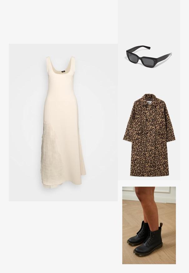 Leopardprint jas in bruin en zwart, met een dubbelzijdig ontwerp, gegoten kraag en twee voorzakken. Zachte textuur.; A.W.A.K.E. MODE FITTED TANK DRESS - Cocktailjurk - beige; Zwarte leren enkelboots met een ritssluiting en veters, gekenmerkt door gele stiksels en een dikke, gestructureerde zool.; Zwarte rechthoekige zonnebril met donkere getinte lenzen. Gemaakt van glanzend plastic met een robuust design en metalen accenten aan de zijkanten.