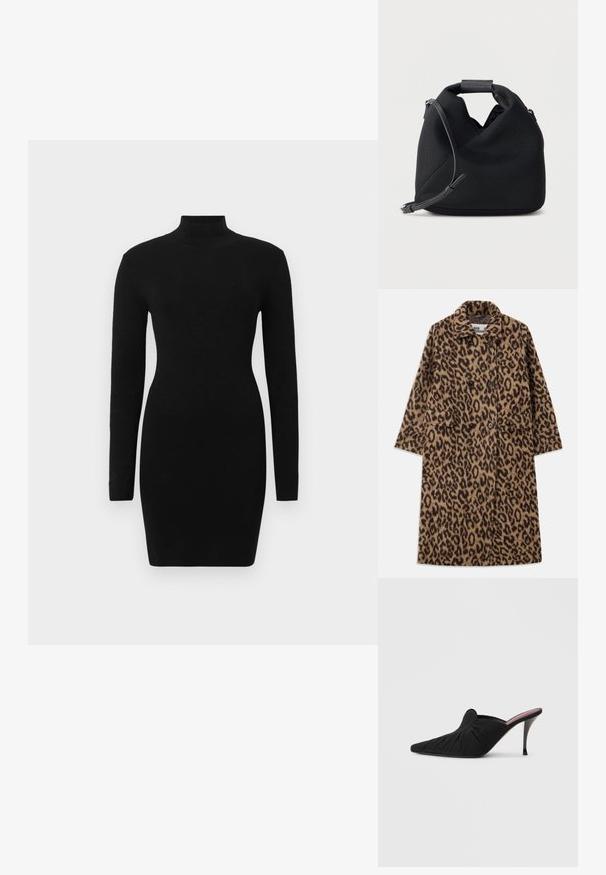 Leopardprint jas in bruin en zwart, met een dubbelzijdig ontwerp, gegoten kraag en twee voorzakken. Zachte textuur.; Zwarte jurk met lange mouwen, een aansluitende silhouet en een hoge halslijn, gemaakt van een gestructureerde stof die zorgt voor een gladde, strakke uitstraling.; Zwarte mule met hoge hak, voorzien van een spits toelopende neus, zachte stof met geplooide textuur aan de voorkant en een slanke stilettohak.; Zwarte handtas van gestructureerde stof met korte opgerolde handgreep en verstelbare schouderriem op witte achtergrond.