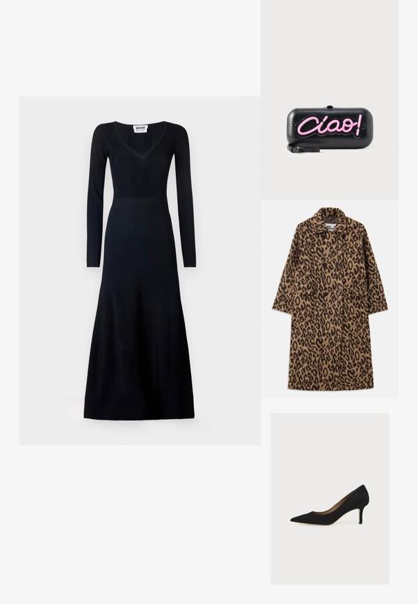 Abrigo de piel de leopardo en marrón y negro, con un diseño de doble botonadura, cuello con muescas y dos bolsillos frontales. Textura suave.; Vestido negro de manga larga con un cuerpo ajustado y escote en V. Textura acanalada en la parte superior, tela suave en la falda, de largo hasta el suelo.; Zapato de salón negro de ante con punta afilada, tacón stiletto de altura media y suela interior color cuero claro sobre un fondo claro.; Bolso clutch rectangular negro con letras rosas estilo neón que dicen "Ciao!" y una pequeña correa negra para la muñeca sobre un fondo blanco.