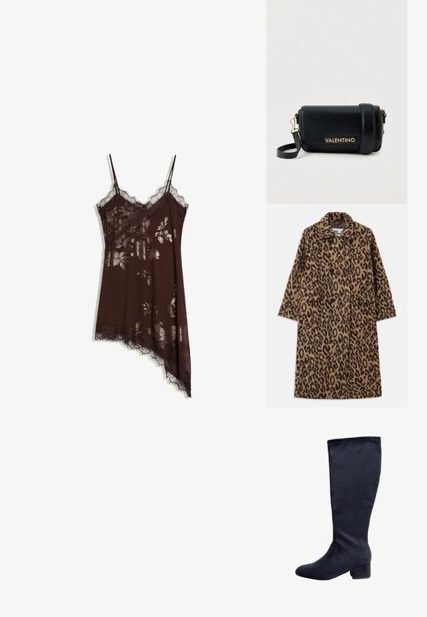 Leopardprintfrakke i brun og sort med dobbeltstående design, notch-krave og to forlommer. Blød tekstur.; Mørkebrun silkeslipkjole med metallisk blomsterprint, blonderkant, tynde stropper og asymmetrisk kant på hvid baggrund.; Marineblå knæhøje støvler lavet af blødt ruskind, med en rund tå og en lav blokhælf. Glat tekstur med minimal syning.; Sort lædertaske med tværrem, der har et gyldent "VALENTINO"-logo, en klaplåg og en justerbar rem med låse til sikker lukning.