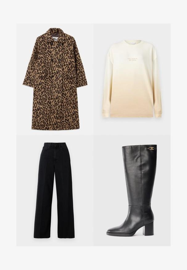 Leopardprint jas in bruin en zwart, met een dubbelzijdig ontwerp, gegoten kraag en twee voorzakken. Zachte textuur.; Lange mouwen, crèmekleurig shirt met een verloop naar een donkerder beige. Heeft een ronde hals en reliëftekst "LALA BERLIN EST 2004."; Zwarte wijde denim jeans met een hoge taille, voorzakken en een knoopsluiting. De stof heeft een gladde textuur.; Zwarte leren kniehooglaars met een blokhak, puntige neus en gouden hardwareaccent nabij de bovenkant. Gladde textuur met minimale stiksels.