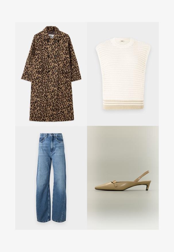 Leopardprintfrakke i brun og sort med dobbeltstående design, notch-krave og to forlommer. Blød tekstur.; Strikket udenærmet top i creme med et tekstureret mønster. Har en rund halsudskæring og en beige-stribet kant. Let og åndbar design.; Lysblå cowboybukser med højtaljet snit, vide ben, lommer foran og bagpå, knaplukning og diskret falming på lår og knæ.; Beige laklæder slingback sko med lav kitten heel, spids tå og lille spænde rem på neutral baggrund.