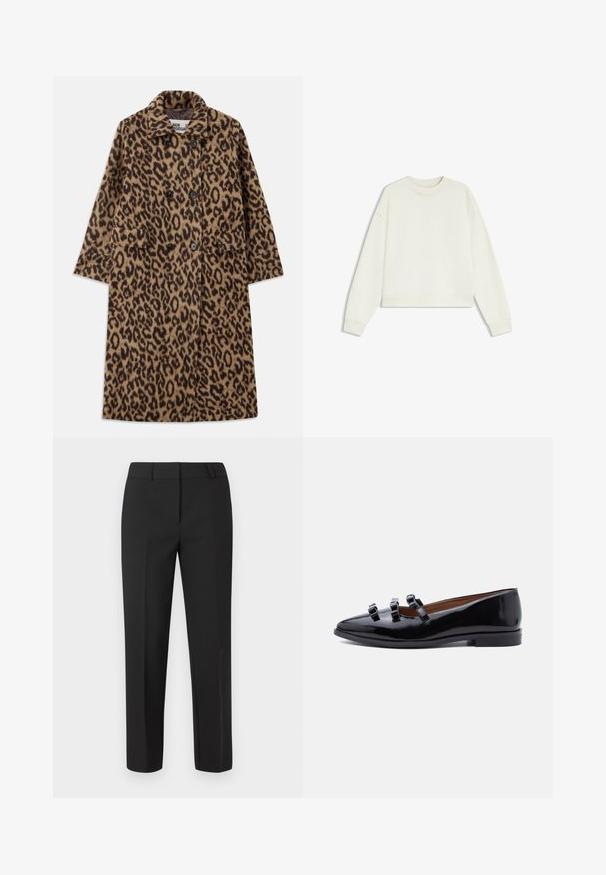 Leopardprintfrakke i brun og sort med dobbeltstående design, notch-krave og to forlommer. Blød tekstur.; Langærmet cremefarvet sweatshirt med rund hals og ribkant ved ærmer og bund, vist fladt på hvid baggrund.; Sorte skræddersyede bukser med lige ben, flad front og uden synlige pyntedetaljer. Fremstillet af et glat stof med en skarp finish.; Sort laklæder flad sko med tre tynde remme over toppen og en lav hæl, vist i profil mod en hvid baggrund.
