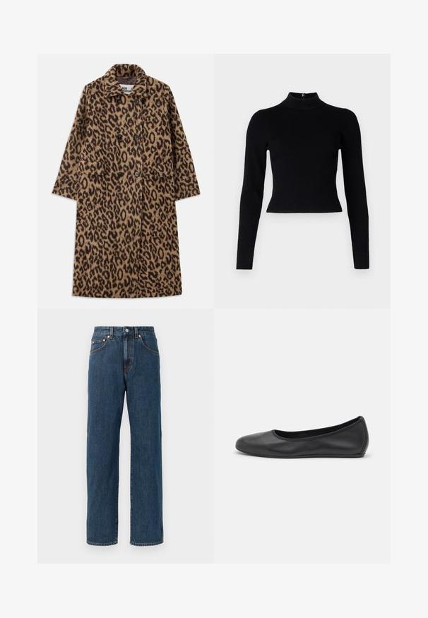 Leopardprint jas in bruin en zwart, met een dubbelzijdig ontwerp, gegoten kraag en twee voorzakken. Zachte textuur.; Zwarte geribbelde coltrui met lange mouwen en een getailleerde pasvorm, met een gladde textuur en een ritssluiting aan de achterkant.; Inktblauwe denim jeans met een rechte pasvorm. Bevat vijf zakken, subtiele stikseldetails en een knoopsluiting bij de taille.; Zwarte leren ballerina met een ronde neus, gladde textuur, minimale stikdetails en een flexibele zoolontwerp.
