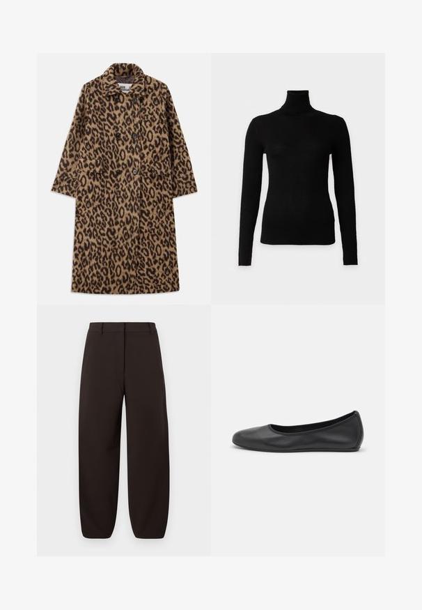Leopardprint jas in bruin en zwart, met een dubbelzijdig ontwerp, gegoten kraag en twee voorzakken. Zachte textuur.; Zwarte geribde coltrui met lange mouwen en een aansluitende silhouet op een effen witte achtergrond.; Donkerbruine wijde broek van gladde stof met een platte voorkant, riemlussen en taps toelopende enkels. Geen zichtbare patronen of hardware.; Zwarte leren ballerina met een ronde neus, gladde textuur, minimale stikdetails en een flexibele zoolontwerp.