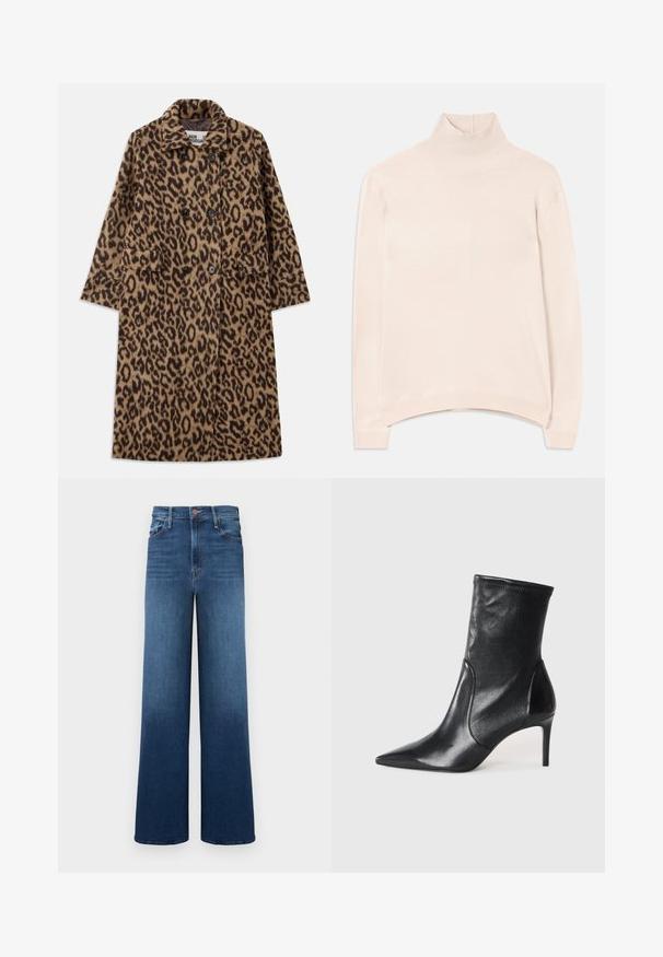 Abrigo de piel de leopardo en marrón y negro, con un diseño de doble botonadura, cuello con muescas y dos bolsillos frontales. Textura suave.; Suéter de tortuga de manga larga rosa claro con cuello y dobladillo acanalados, que presenta un corte relajado y una textura suave y lisa.; Jeans de pierna ancha en un lavado azul degradado, con una cinturilla alta, cinco bolsillos y costuras contrastantes para un detalle adicional.; Botas negras hasta el tobillo hechas de cuero suave, con punta afilada, caña ajustada y tacón alto delgado. Diseño minimalista sin herrajes visibles.