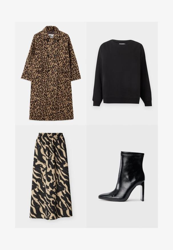 Leopardprint jas in bruin en zwart, met een dubbelzijdig ontwerp, gegoten kraag en twee voorzakken. Zachte textuur.; Zwarte trui met ronde hals, lange mouwen en geribde boorden en zoom, weergegeven op een vlakke lichtgrijze achtergrond.; Beige en zwart dierenprint rokje met elastische tailleband, midi-lengte en soepel vallende stof.; Zwarte leren enkellaars met een spitse neus en hoge doorzichtige hak. Gleed tekstuur en minimale stikseldetails op het bovenmateriaal.