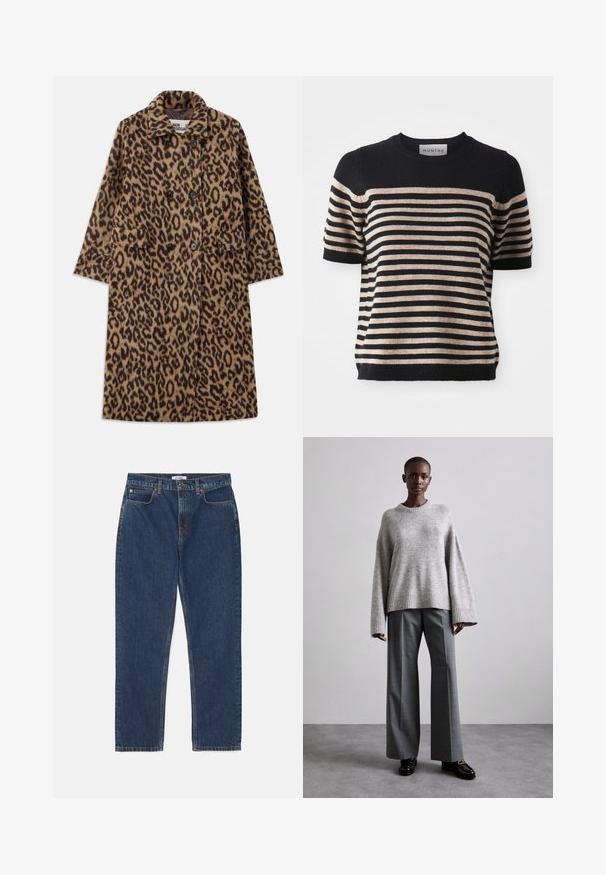 Leopardprint jas in bruin en zwart, met een dubbelzijdig ontwerp, gegoten kraag en twee voorzakken. Zachte textuur.; Gestreepte kortemouwen trui gemaakt van een zachte stof; heeft marineblauwe en beige strepen, een ronde halslijn en een ribgebreide zoom.; RE/DONE LOOSE LONG - Straight leg jeans - dark blue denim; Grijze gebreide trui met brede mouwen en geribbelde onderrand, gecombineerd met hoge grijze broeken met een subtiel ruitenpatroon en zwarte loafers.