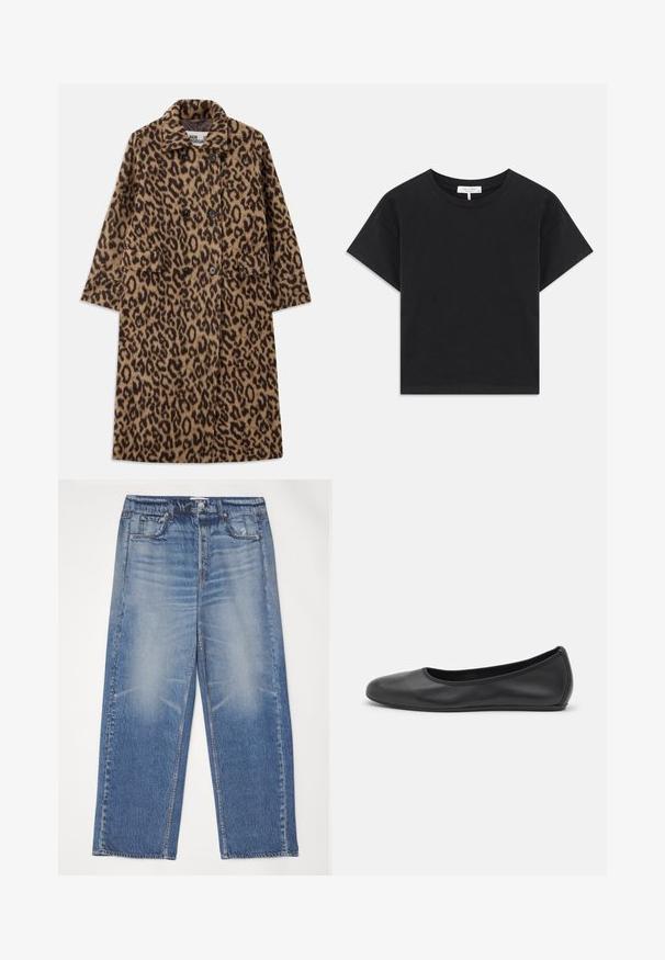 Leopardprintfrakke i brun og sort med dobbeltstående design, notch-krave og to forlommer. Blød tekstur.; Sort cropped t-shirt lavet af bomuld, med rund halsudskæring, korte ærmer og et enkelt design uden mønstre eller pynt.; Blå denim jeans med en afslappet pasform, falmet front, fem lommer og knaplukning. Har en sølvknap og kontrasterende syninger.; Sort læderballetsko med rund tå, glat tekstur, minimal syning og et fleksibelt såldesign.