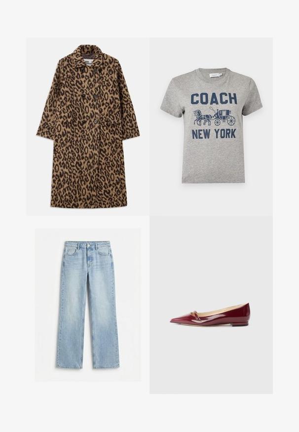 Manteau en imprimé léopard de couleur marron et noir, avec un design croisé, un col cranté et deux poches avant. Texture douce.; T-shirt gris à manches courtes avec texte bleu marine "COACH NEW YORK" et illustration d'une calèche tirée par des chevaux sur le devant.; Jeans en denim bleu clair à jambes larges avec poches avant, passants pour ceinture, fermeture par bouton et fermeture éclair, présentés à plat sur un fond blanc.; Ballerines en cuir verni bordeaux avec un bout pointu, présentant un petit détail découpé et un petit talon. Texture lisse et design épuré.