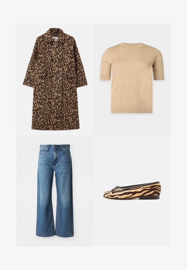 Kabát s leopardím vzorom v hnedej a čiernej farbe, s dvojradovým zapínaním, klopovým golierom a dvoma prednými vreckami. Mäkký materiál.; Béžový krátky pletený sveter s okrúhlym výstrihom a rovnou spodnou časťou, zobrazený na jednoduchom svetlom pozadí.; Džínsy s širokými nohavicami z modrého denimového materiálu s polovičným pásom, piatimi vreckami a jemným vyblednutím. Obsahujú pútka na opasok a šité detaily.; Plochý baletný topánok s pruhovaným vzorom tigra, čiernym lemom, malou mašličkou vpredu a nízkym stohovaným podpätkom na bielom pozadí.