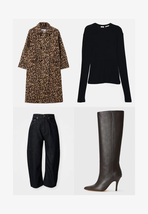Abrigo de piel de leopardo en marrón y negro, con un diseño de doble botonadura, cuello con muescas y dos bolsillos frontales. Textura suave.; Camiseta negra de manga larga hecha de tela suave, con un escote redondo y un corte relajado, con aberturas en los laterales del dobladillo para facilitar el movimiento.; Jeans de mezclilla oscura con un corte relajado, que presentan costuras naranjas sutiles, bolsillos frontales y una cinturilla plana con un cierre de botón.; Bota de cuero negra hasta la rodilla con puntera afilada, diseño elegante y tacón alto delgado. Textura suave y un mínimo de detalles.